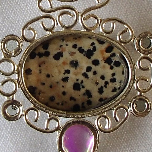 Dalmation Jasper Rainbow Topaz Green Amethyst .925 Scrollwork Pendant Only - Picture 8 of 10